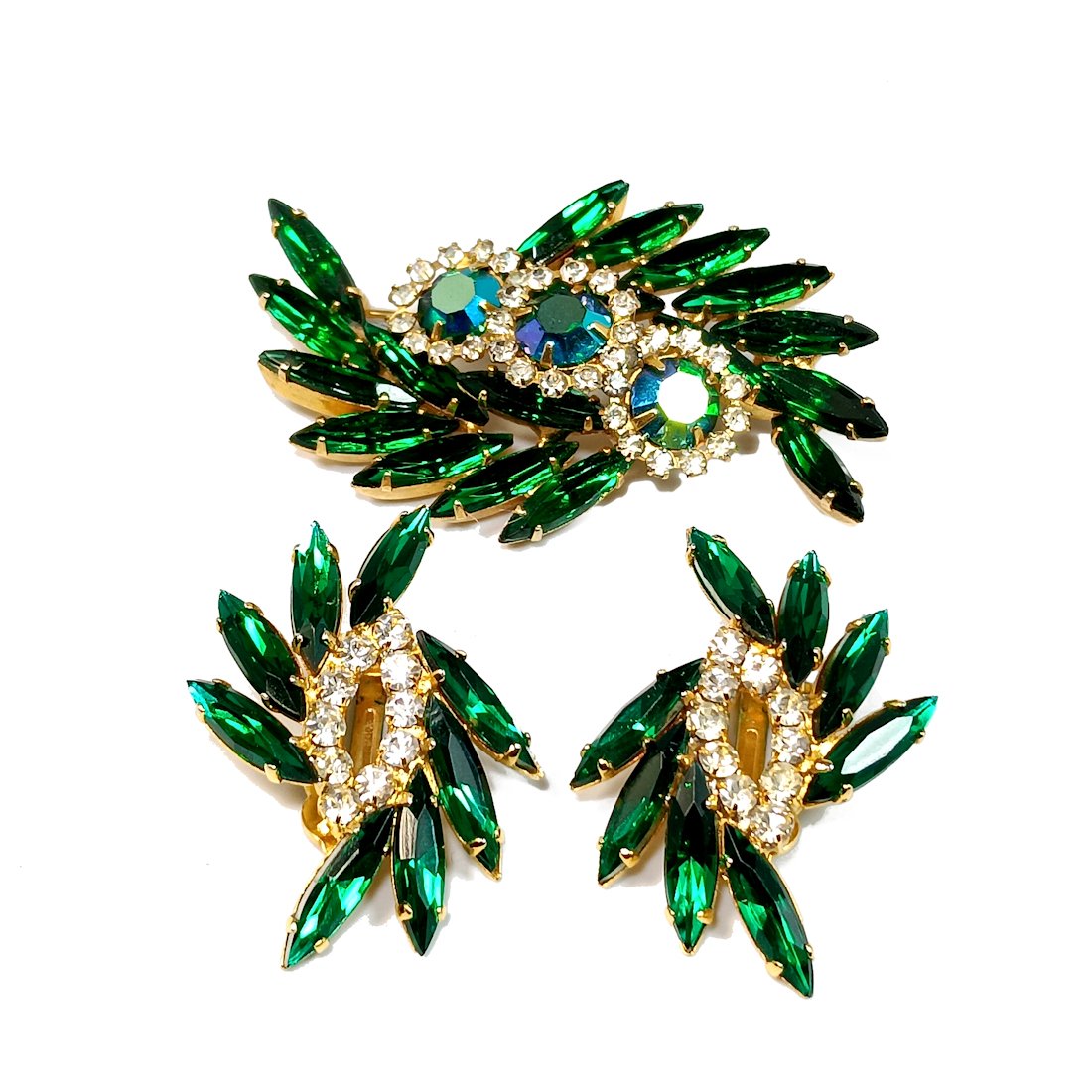 A SUPERB VINTAGE DEMI PARURE SET OF BROOCH AND EARRINGS RHINESTONE IN PRONGS (1 of 5)