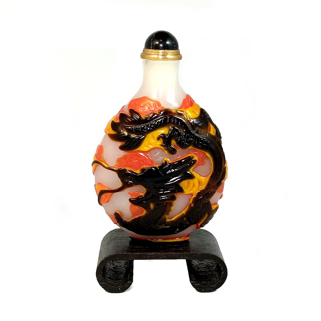 BEAUTIFUL CHINESE  CARVED PEKING GLASS SNUFF BOTTLE PHOENIX DRAGON (1 of 9)