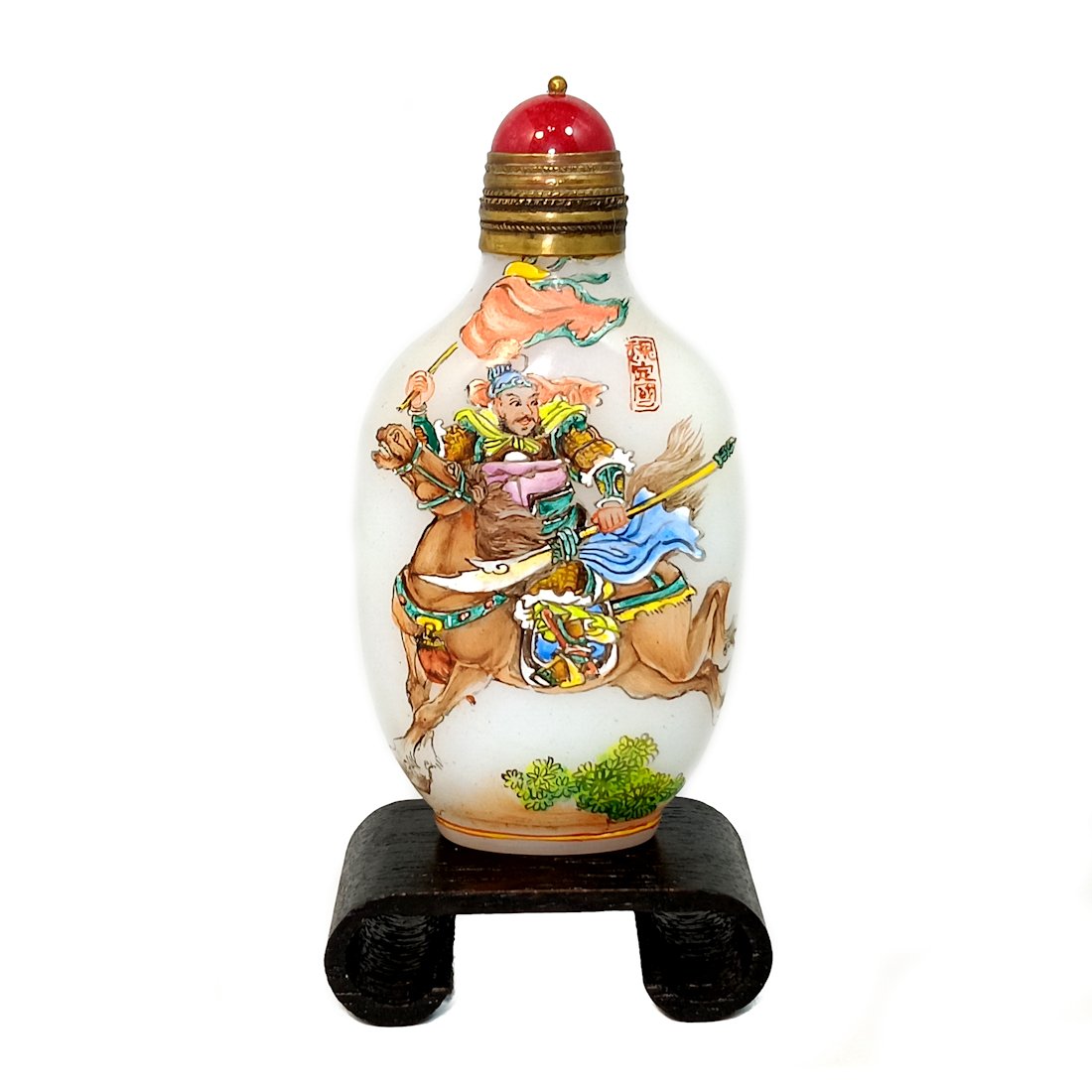FINE CHINESE ENAMEL GLASS SNUFF BOTTLE GENERAL ON HORSE QIANLONG MARK (1 of 10)