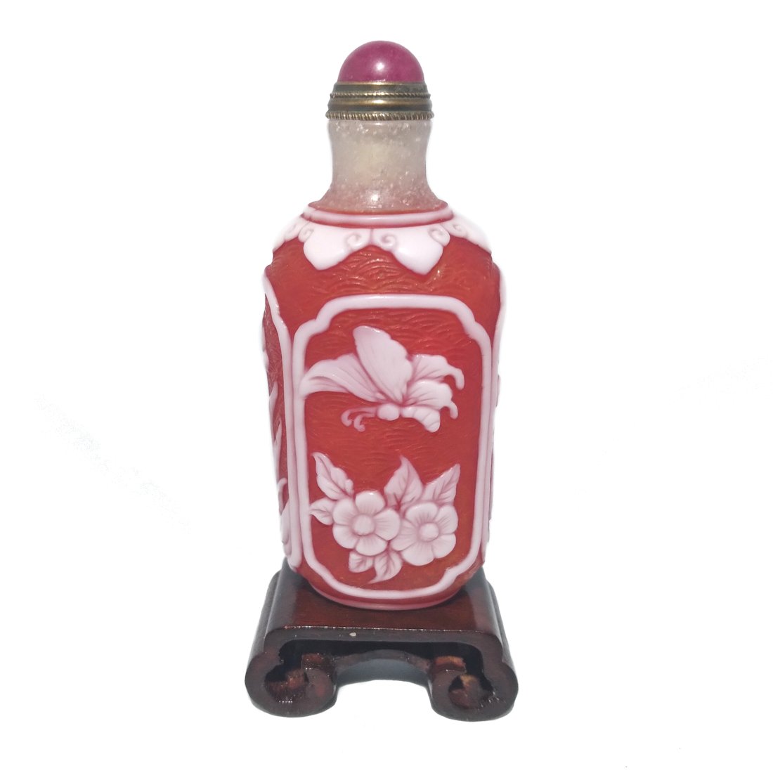 CHINESE PEKING GLASS SNUFF BOTTLE 4 SIDES RED WHITE FISH BUTTERFLIE BIRD (1 of 8)