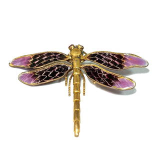 A LARGE PLIQUE-A-JOUR ENAMEL DRAGONFLY BROOCH STERLING RUBY EYES: THE DRAGONFLY BROOCH IS SET IN GILT STERLING SILVER. IT IS MARKED 925. IT HAS RUBY EYES (TESTED WITH PRESIDIUM GEM TESTER). IT MEASURES 2.5" BY 2". IT WEIGHS 6.5 GRAMS. THE PLIQUE-A-JOUR ENAMELING IS