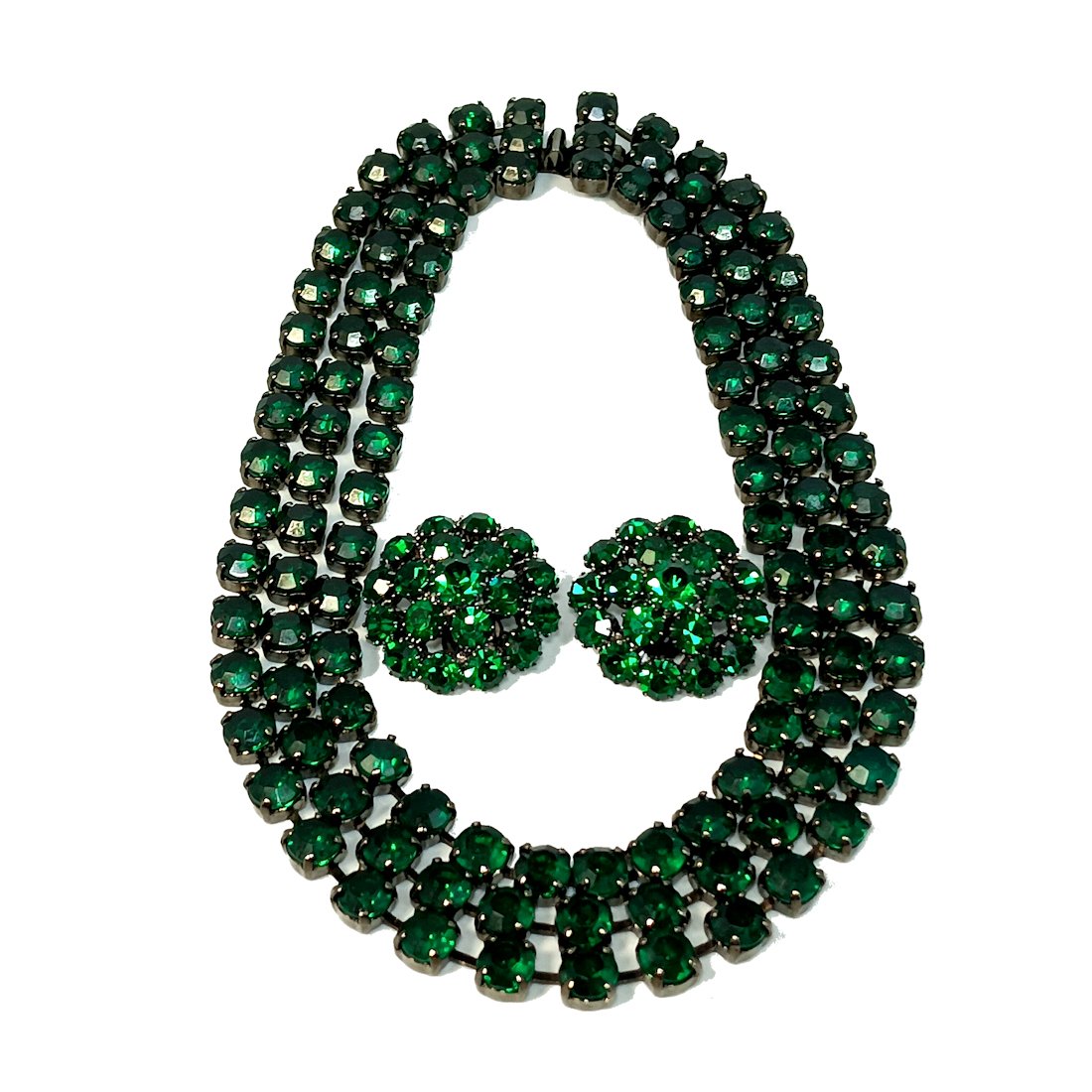 HIGH END VINTAGE MID CENTURY RHINESTONE NECKLACE EARRINGS GREEN (1 of 4)