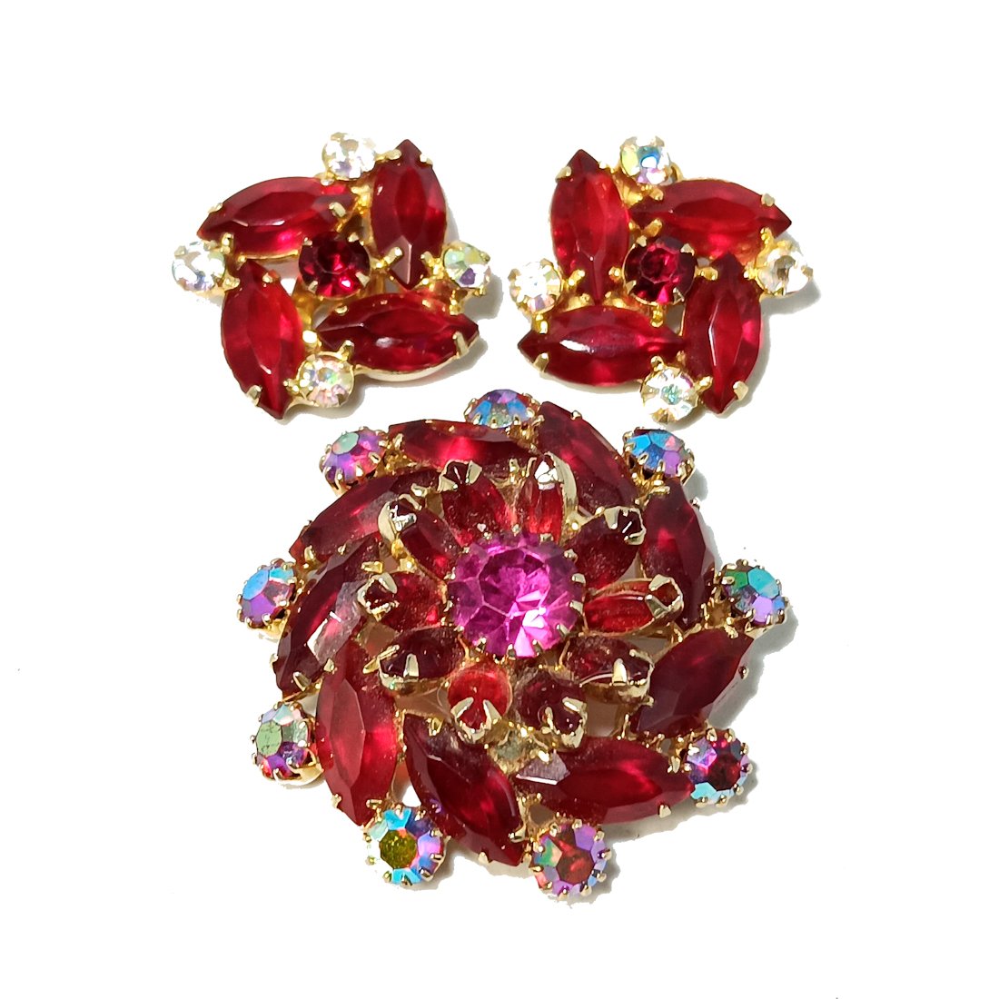HIGH END  VINTAGE LAYERED RHINESTONE BROOCH EARRINGS RED PINKS AB (1 of 5)