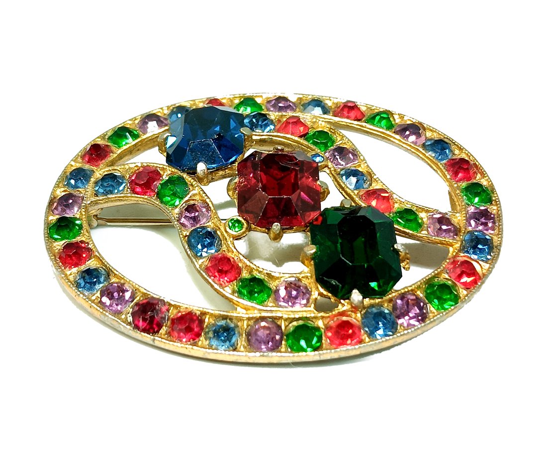 LARGE VINTAGE 1930S BROOCH MULTICOLOR JEWEL TONES 2.25" (1 of 4)