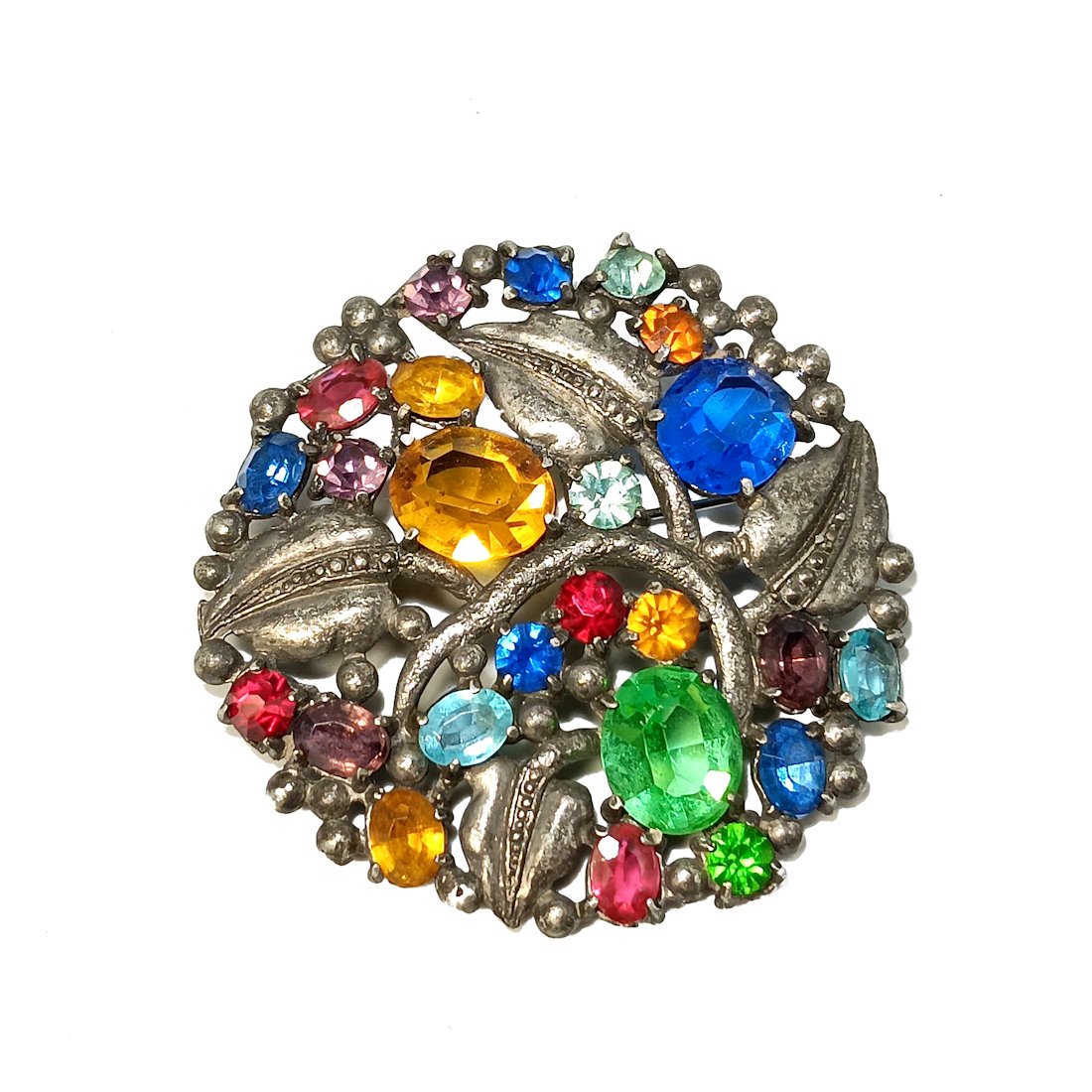 LARGE VINTAGE 1930S POT METAL BROOCH MULTICOLOR JEWEL TONES 2" (1 of 3)
