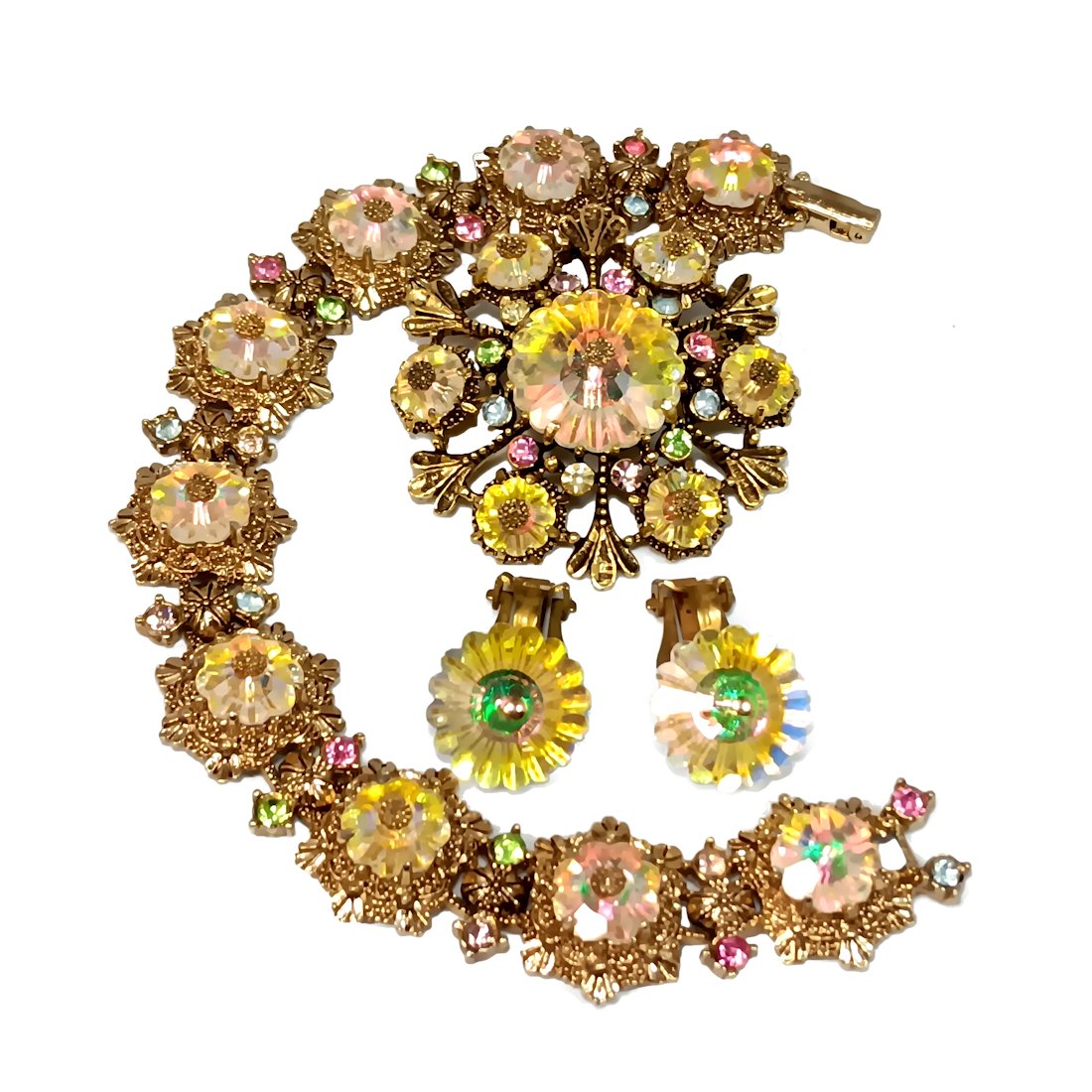 A FINE VINTAGE RHINESTONE DEMI PARURE BRACELET BROOCH EARRINGS MARGARITA STONES (1 of 3)
