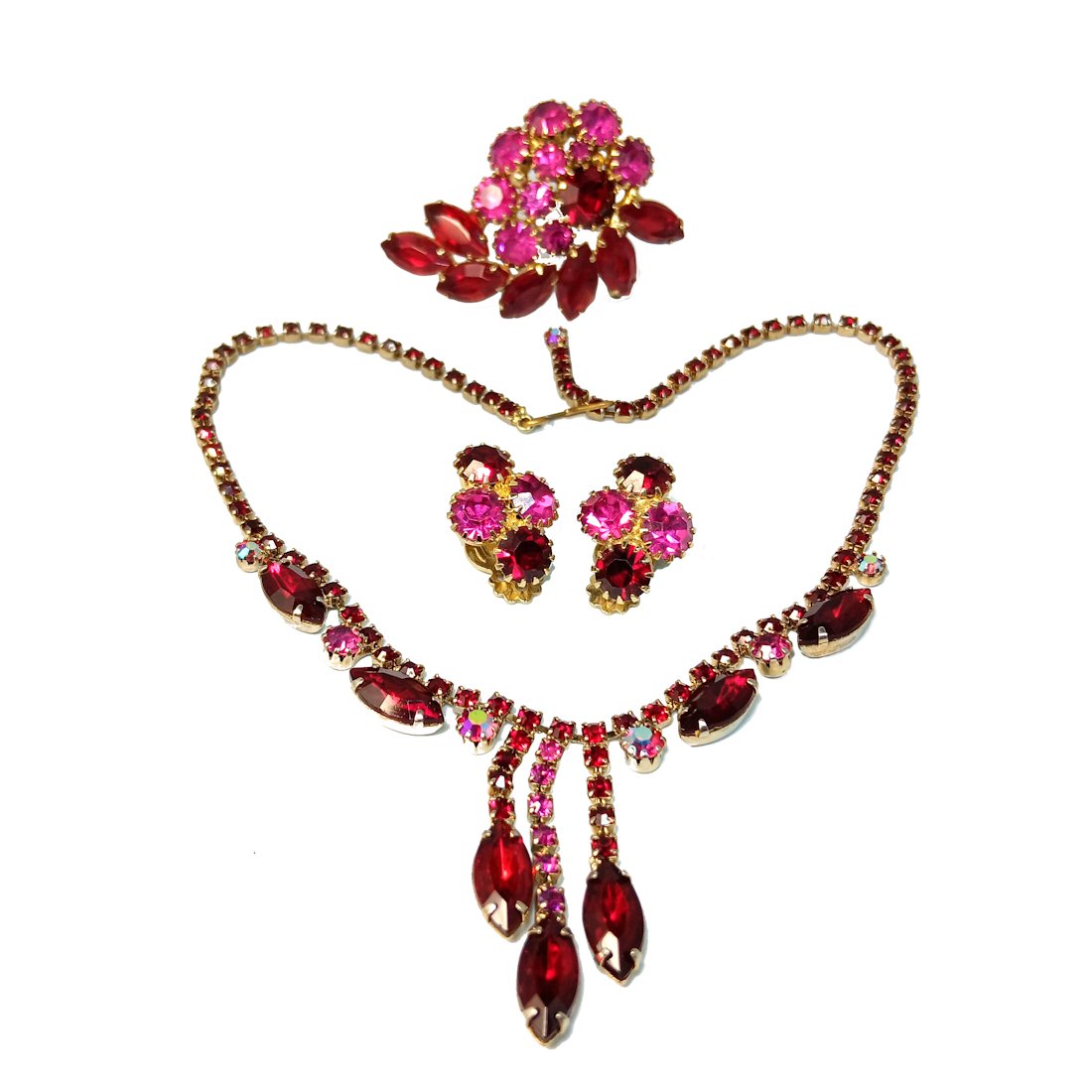 FINE VINTAGE DESIGNER WEISS RHINESTONE PARURE RED PINK PRONG SET (1 of 4)