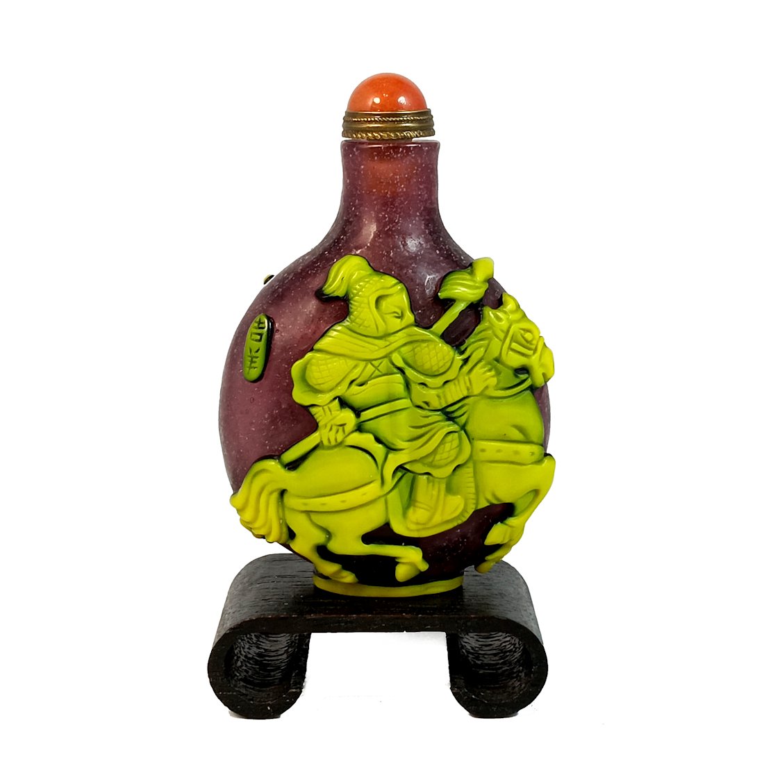 WONDERFUL CHINESE PEKING GLASS SNUFF BOTTLE WARRIOR ON HORSE ARTIST SIGNATURE: THIS WONDERFUL CHINESE PEKING GLASS SNUFF BOTTLE DEPICTS A WARRIOR ON HIS HORSE ON BOTH SIDES. IT IS 3 INCHES TALL AND BEARS THE ARTIST SIGNATURE. STANDS ARE FOR DISPLAY ONLY, NOT INCLUDED UNLESSOTHER