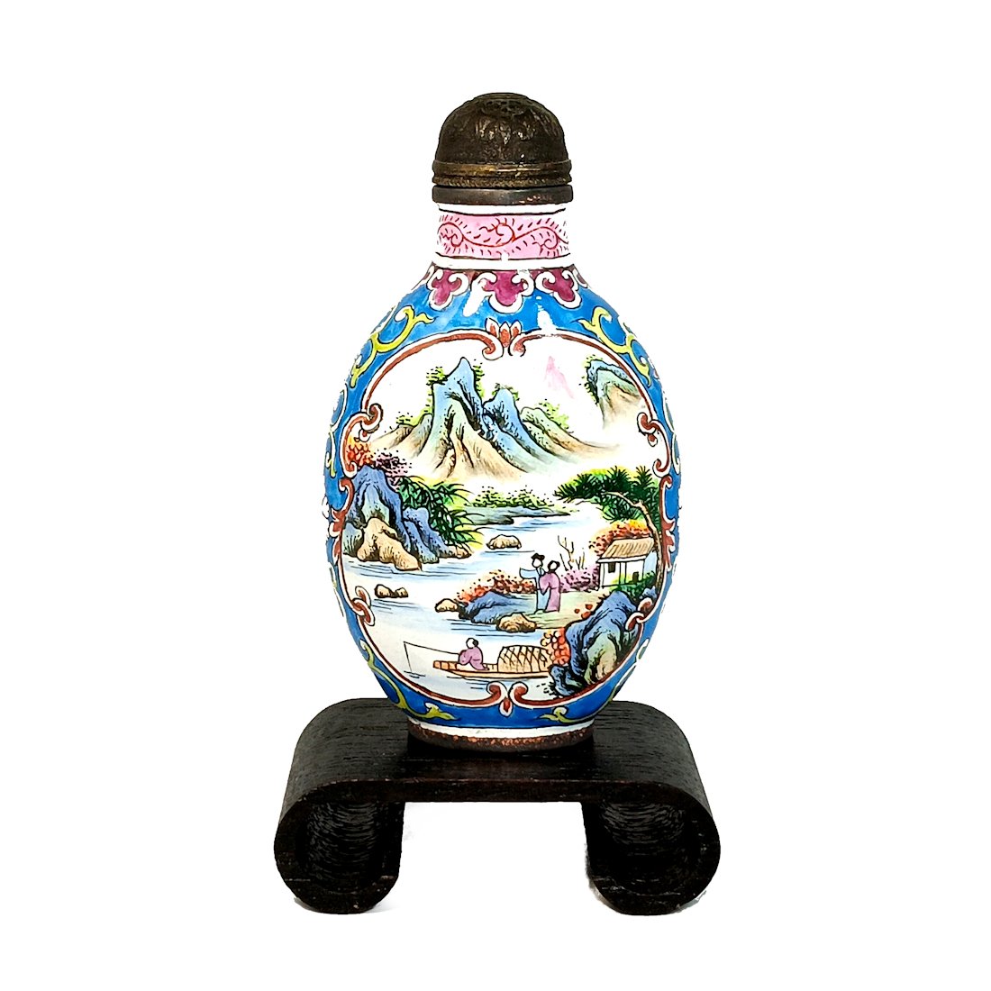 CHINESE SNUFF BOTTLE ENAMEL ON COPPER LANDSCAPE QIANLONG MARK (1 of 8)