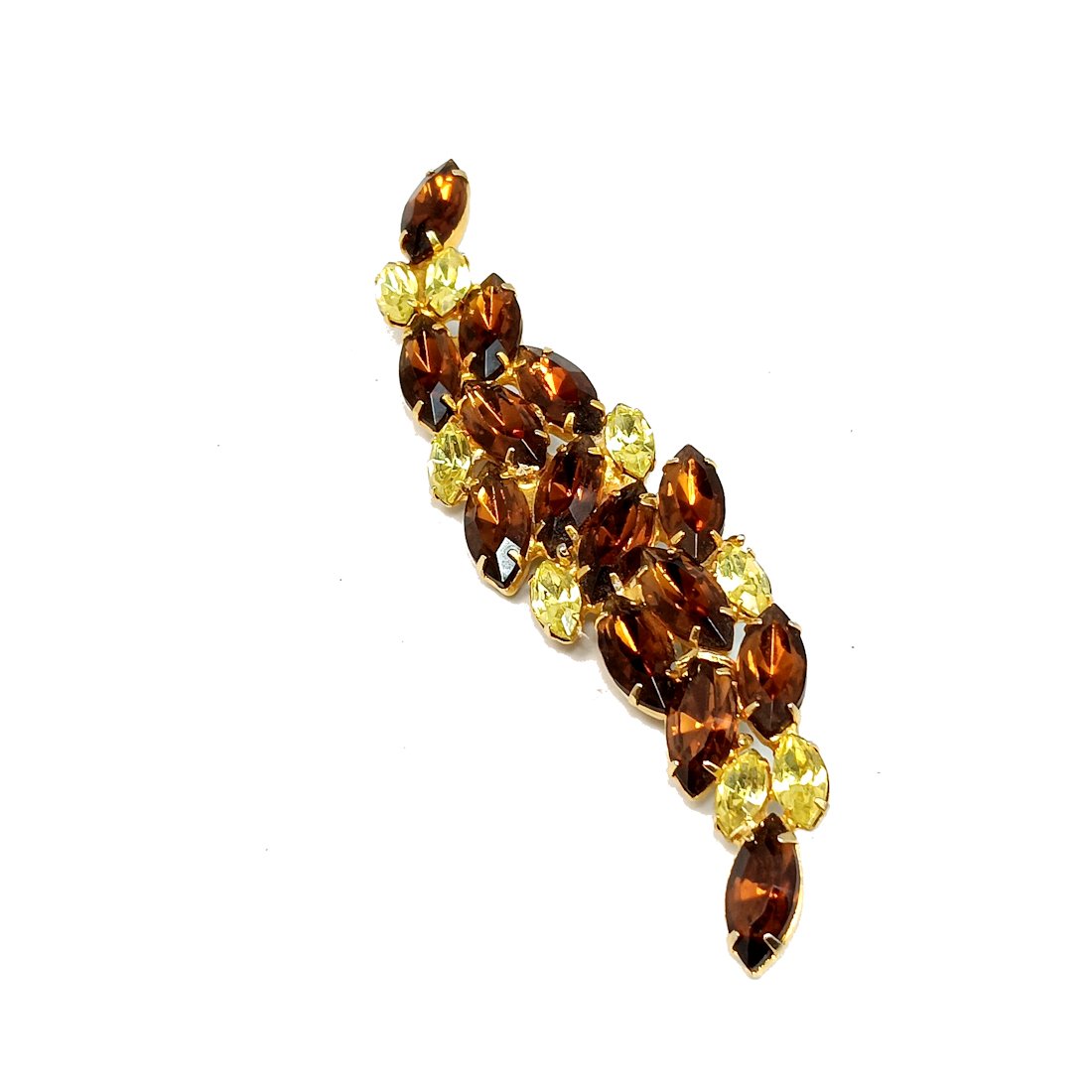 AN EXQUISITE LARGE MID CENTURY VINTAGE RHINESTONE BROOCH: THIS IS GORGEOUS VINTAGE BROOCH IN PRONG SET MULTI COLORED STONES. IT MEASURES A WHOPPING 4" LONG. WE PROVIDE IN-HOUSE/ COMBINED SHIPPING FOR A SMOOTH AND EASY CHECKOUT.