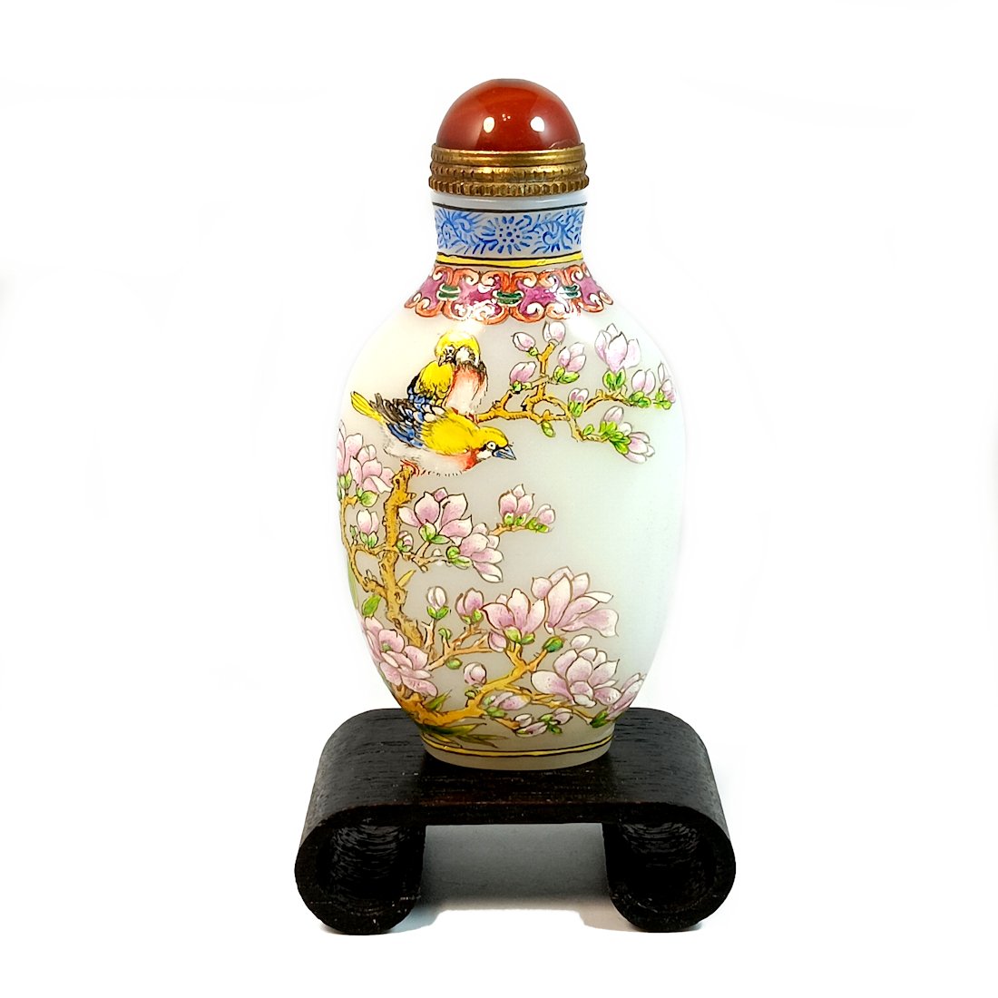 CHINESE SNUFF BOTTLE ENAMEL ON GLASS BIRDS FLOWER TREE QIANLONG MARK: A VERY FINE CHINESE ENAMELED PEKING GLASS SNUFF BOTTLE. IT IS 3 INCHES TALL. IT BEARS A QIANLONG MARK. THE BOTTLE BEAR A CARNELIAN STOPPER. STANDS ARE FOR DISPLAY ONLY, NOT INCLUDED UNLESS OTHERWISEST