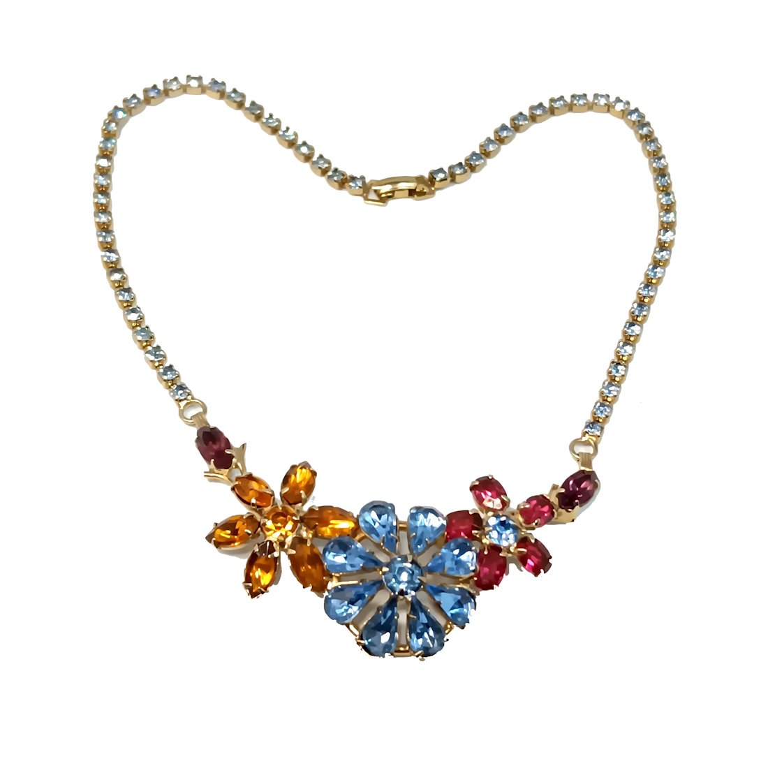 A BEAUTIFUL VINTAGE RHINESTONE NECKLACE MID CENTURY: THE NECKLACE IS BRIGHT AND VERY LOVELY. 16" WEARABLE LENGTH. WE PROVIDE IN-HOUSE/COMBINED SHIPPING FOR AN EASY AND SMOOTH CHECKOUT.