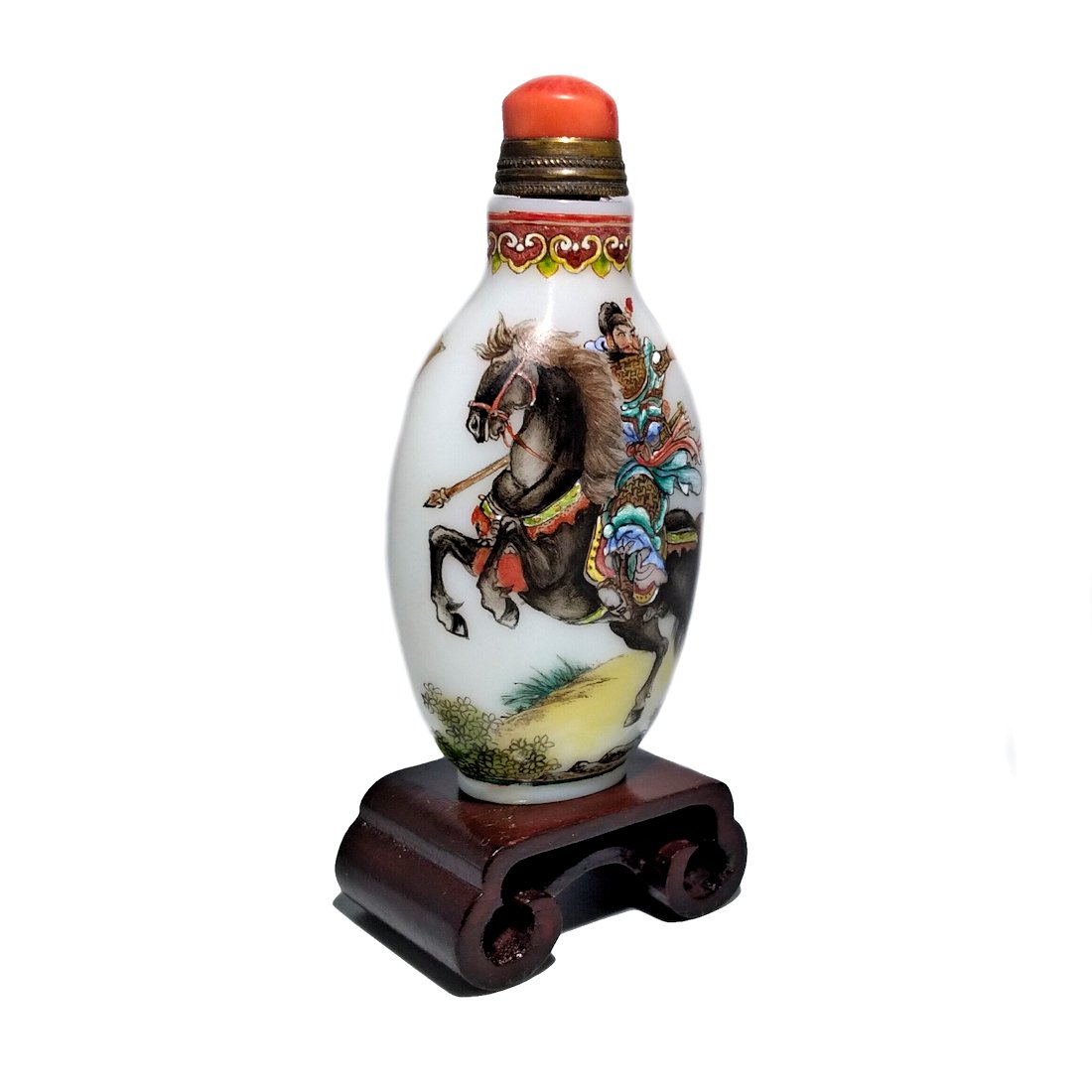 CHINESE ENAMEL GLASS SNUFF BOTTLE GENERAL ON HORSE QIANLONG MARK: THE EXQUISITELY ENAMELED CHINESE SNUFF BOTTLE FEATURES A SIGNED IMAGE OF A GENERAL ON HIS HORSE IN FULL BATTLE ACTION. THE BACK IS ENAMELED WITH A SCROLL TELLING THE STORY OF THE GENERAL. THE BOTTLEBE