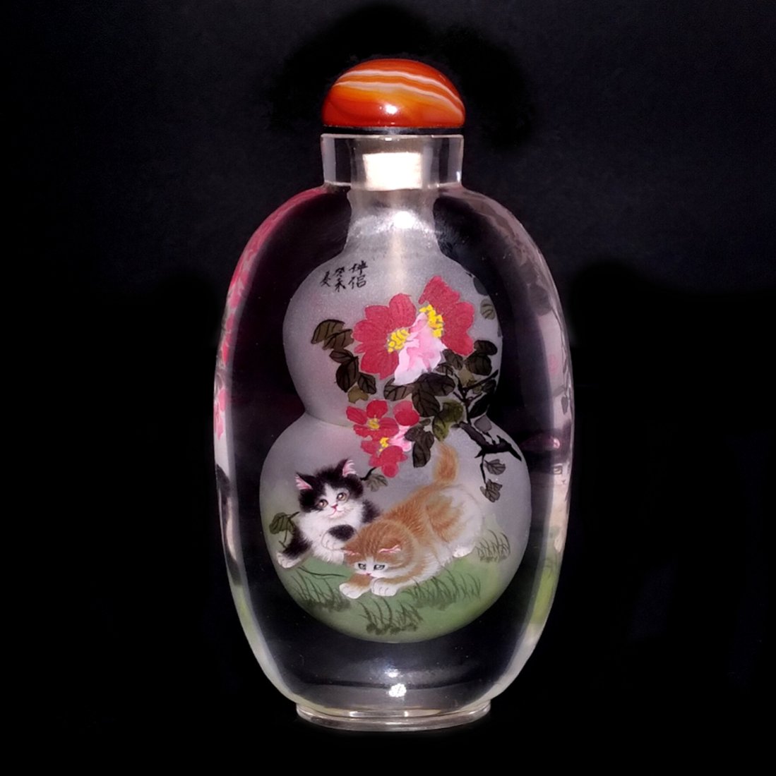 LARGE CHINESE SNUFF BOTTLE SIGNED INSIDE PAINTED CATS DOUBLE GOURD (1 of 8)