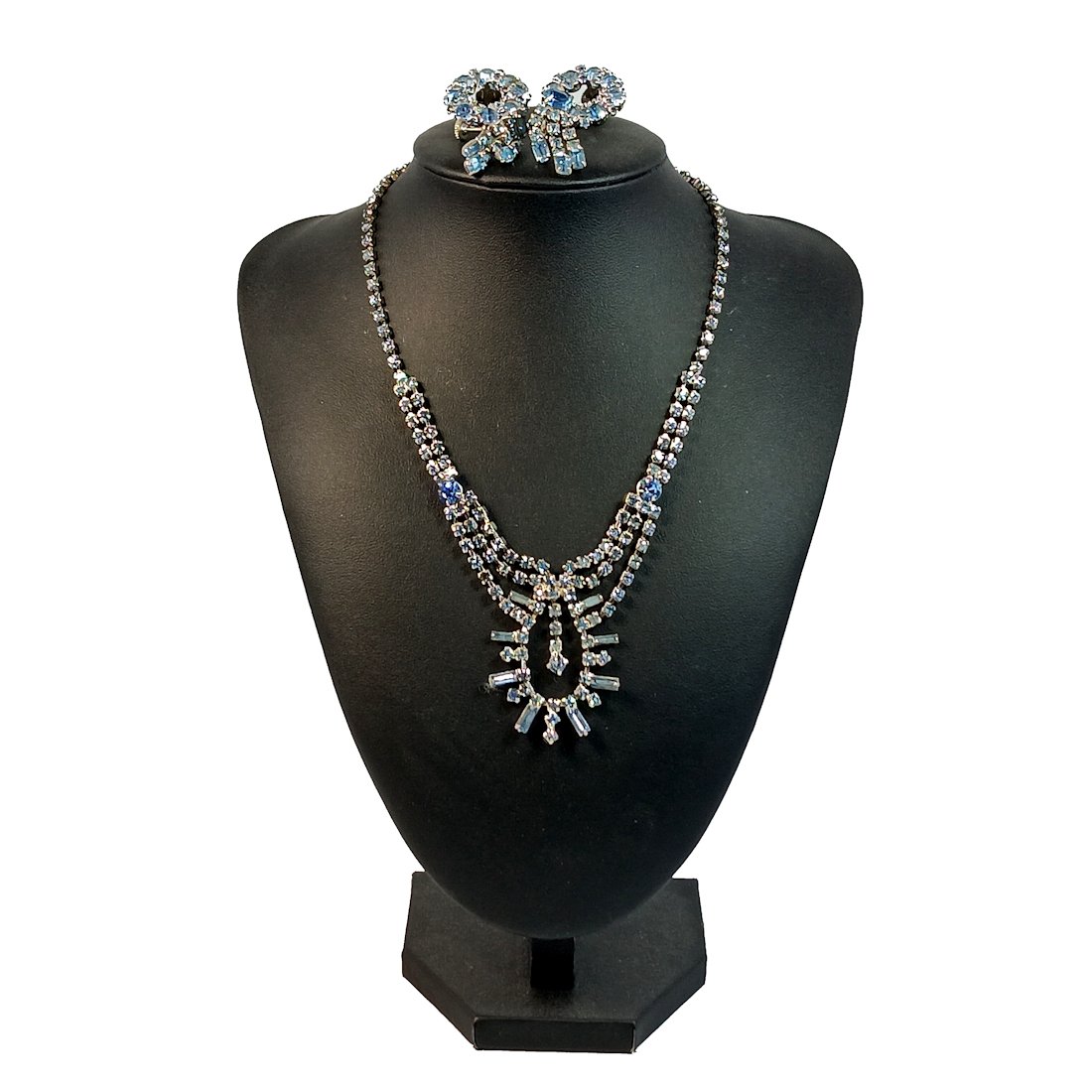 VINTAGE BLUE RHINESTONES LOT NECKLACE 2 PAIRS OF EARRINGS PRONG SET (1 of 3)