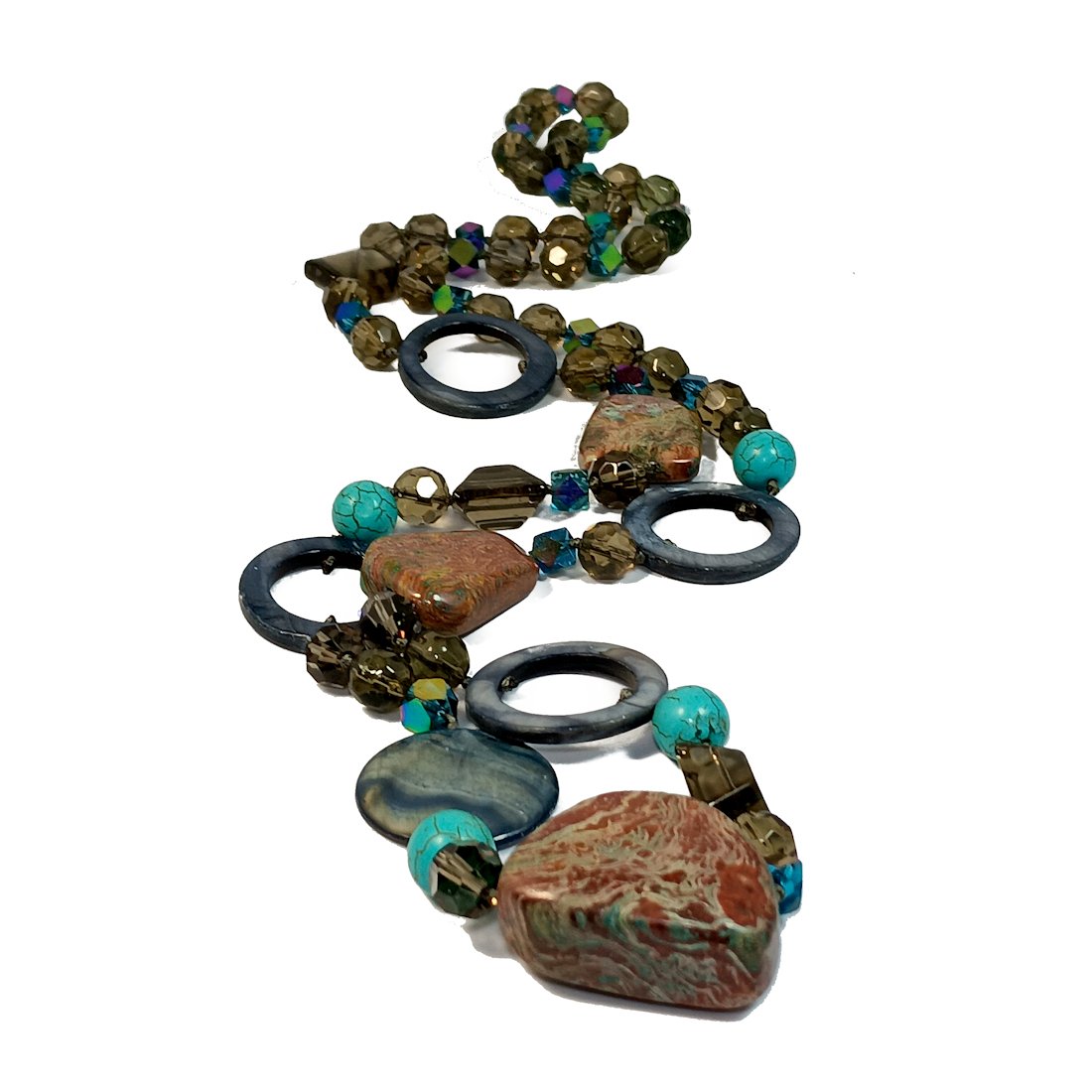 A WONDERFUL GEMSTONE NECKLACE JASPER SMOKEY QUARTZ: THE NECKLACE IS 35" LONG. IT INCLUDES JASPER, SMOKEY QUARTZ, CRYSTAL, MOTHER OF PEARLS AND TURQUOISE. WE TEST STONES ELECTRONICALLY USING A PRESIDIUM GEM TESTER.WE PROVIDE IN-HOUSE/COMBINED SHIPPING F