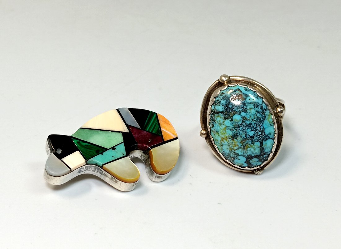 SIGNED SOUTHWESTERN INLAID BROOCH AND A  SIGNED RING (1 of 2)