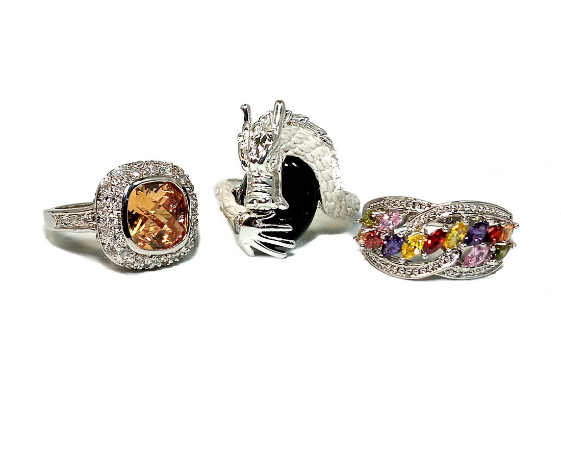 THREE FINE FASHION RINGS ONYX CUBIC ZIRCONIA, SZ 6.5 , 8.5, 9.5 (1 of 5)