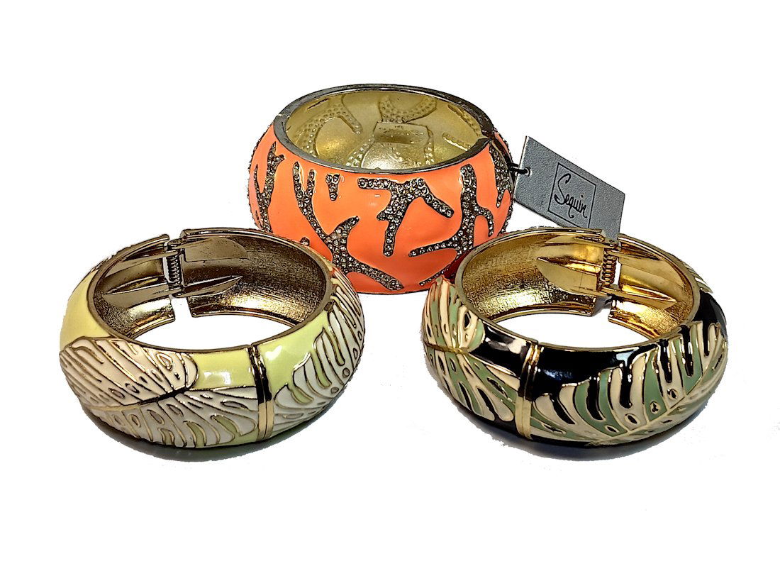 3 GREAT BRACELETS ENAMELED CUFF BANGLES: 3 IMPRESSIVE BANGLES, ONE STILL CARRIES THE SEQUIN TAG AND ORIGINAL PRICE. THE BRACELETS MEASURE 2.4" IN INNER DIAMETER.WE PROVIDE IN-HOUSE/COMBINED SHIPPING FOR AN EASY CHECKOUT.