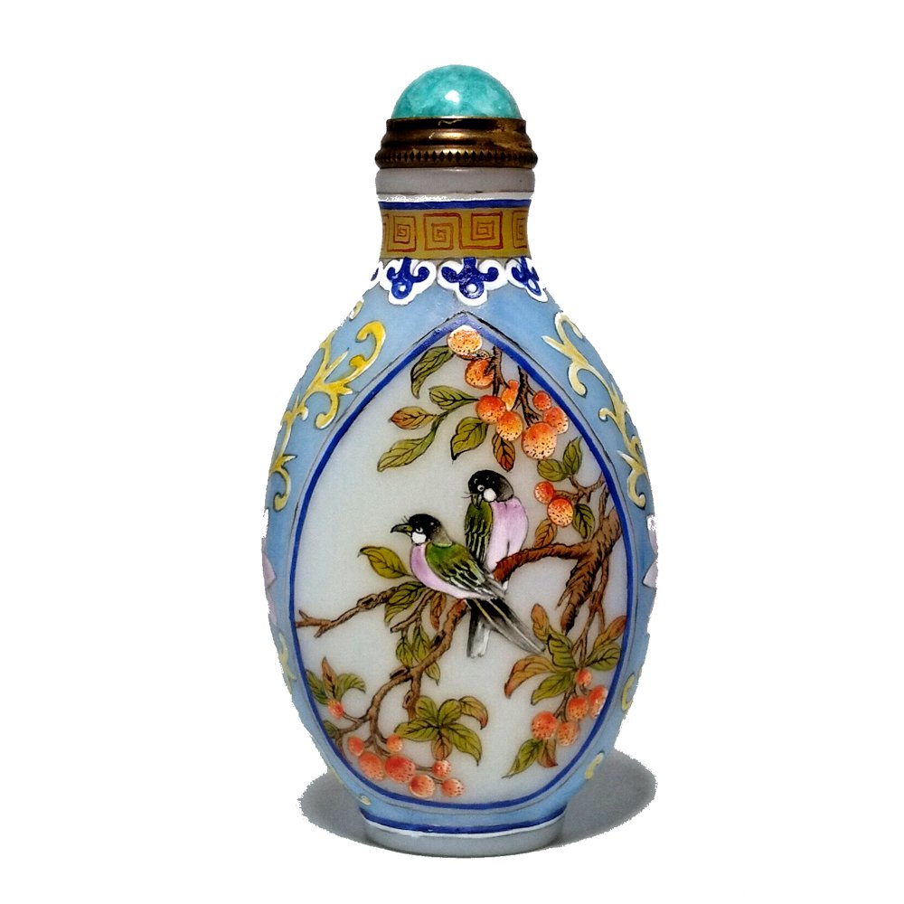 CHINESE ENAMEL SNUFF BOTTLE BIRDS FLORA QIANLONG MARK (1 of 8)
