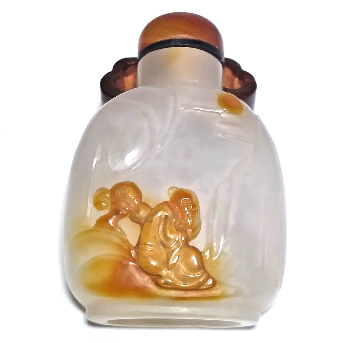 FINE CHINESE CARVED AGATE SNUFF BOTTLE ELDER LINGHZI SUN CLOUDS ROCKS (1 of 8)