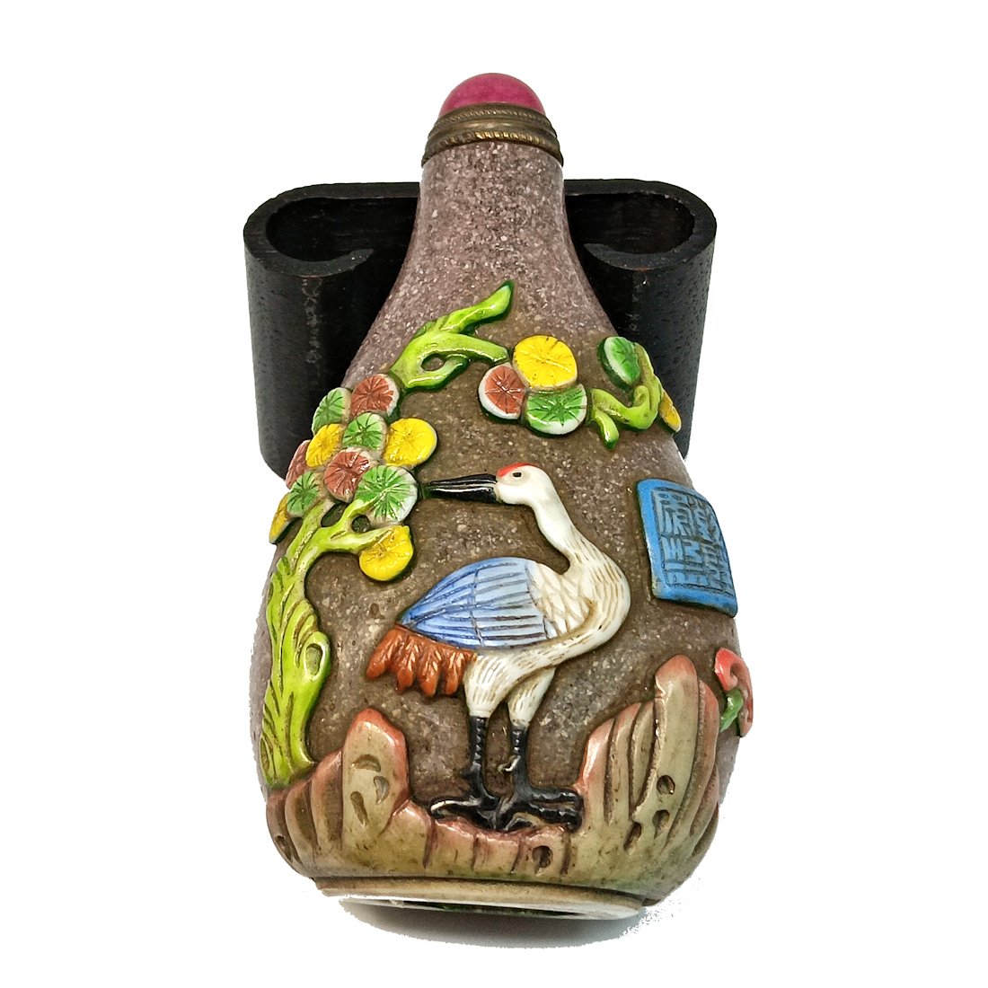 CHINESE PEKING GLASS ENAMEL SNUFF BOTTLE DEER BAT RUYI QIANLONG SEAL (1 of 9)