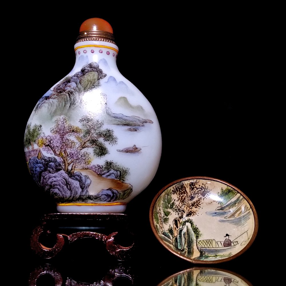 CHINESE ENAMEL SNUFF BOTTLE WITH SNUFF DISH LANDSCAPE QIANLONG MARK (1 of 8)