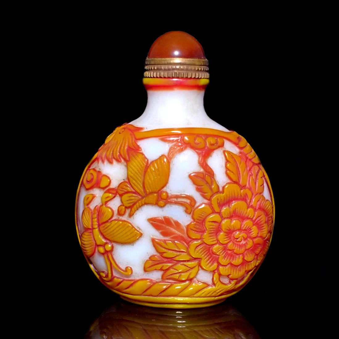 CHINESE PEKING GLASS SNUFF BOTTLE BUTTERFLIES CRICKET: THE FINE CHINESE SNUFF BOTTLE IS CARVED IN THREE LAYERS WITH A WHITE MILK GLASS BACKGROUND. IT FEATURES A CRICKET ON A GOURD, BUTTERFLIES AND PEONIES. THE FOOT AND MOUTH ARE WELL DEFINED AS WELL.THE S