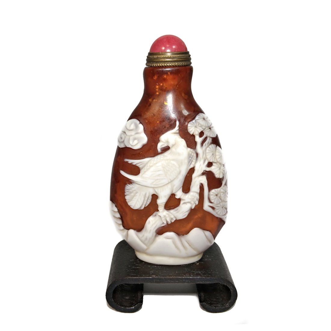 CHINESE PEKING GLASS SNUFF BOTTLE STORK PINE (1 of 8)