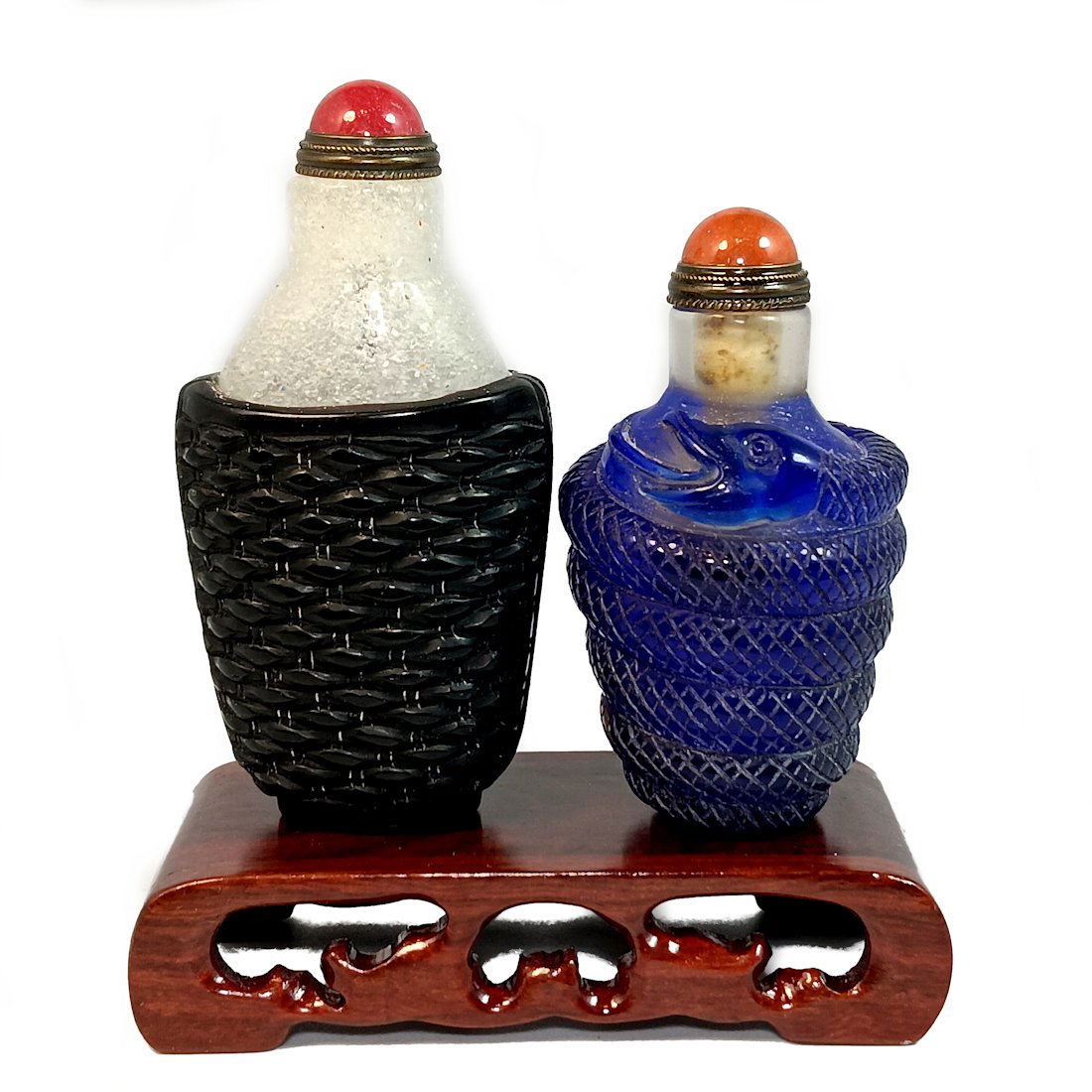 LOT OF 2 CHINESE PEKING GLASS SNUFF BOTTLES BASKET SNAKE (1 of 8)