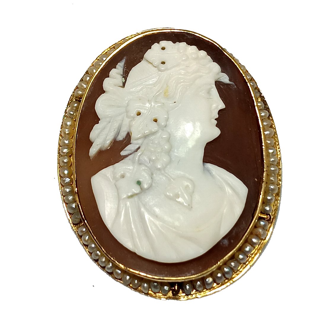 FINE ANTIQUE SHELL CAMEO 10K GOLD SEED PEARLS BACCHANTE (1 of 5)