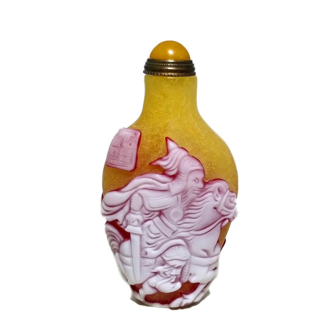 CHINESE PEKING GLASS SNUFF BOTTLE GENERAL ON HORSE QIANLONG SEAL (1 of 10)