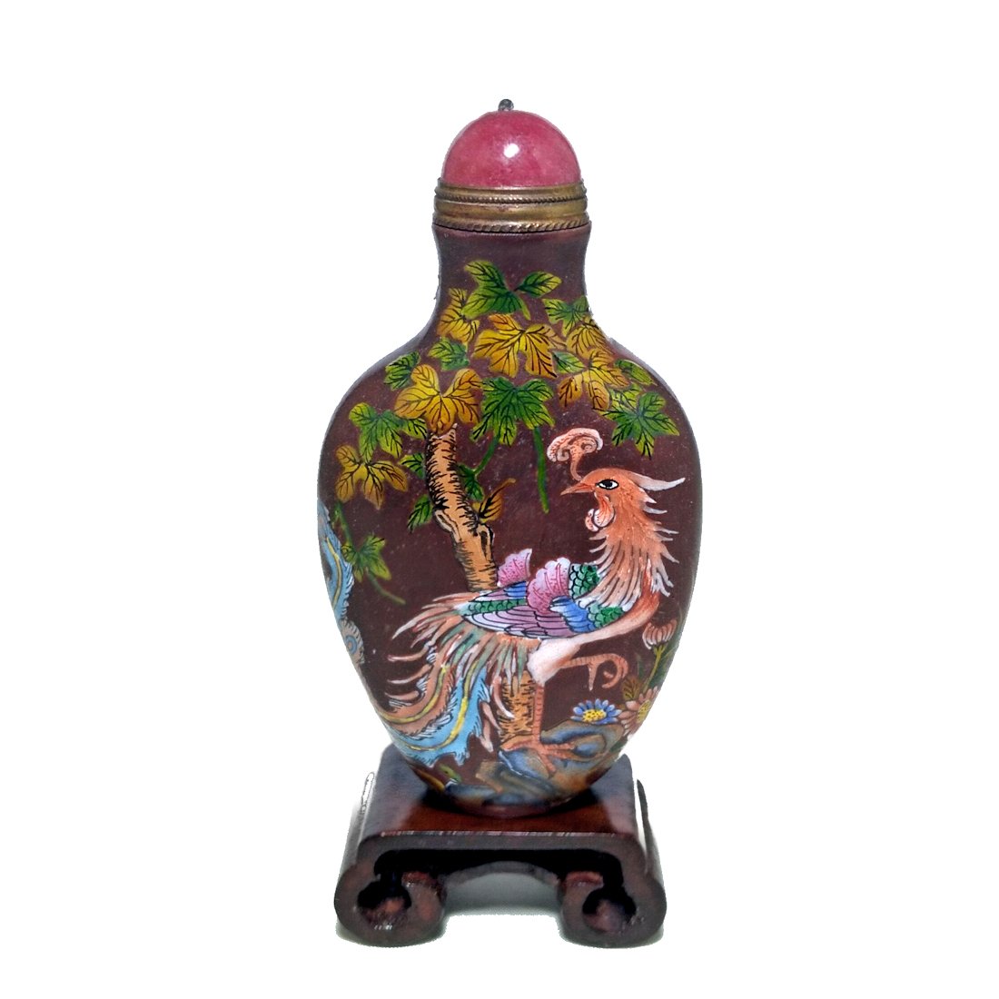 CHINESE ENAMEL PEKING GLASS SNUFF BOTTLE PHOENIX PEONIES QIANLONG (1 of 9)