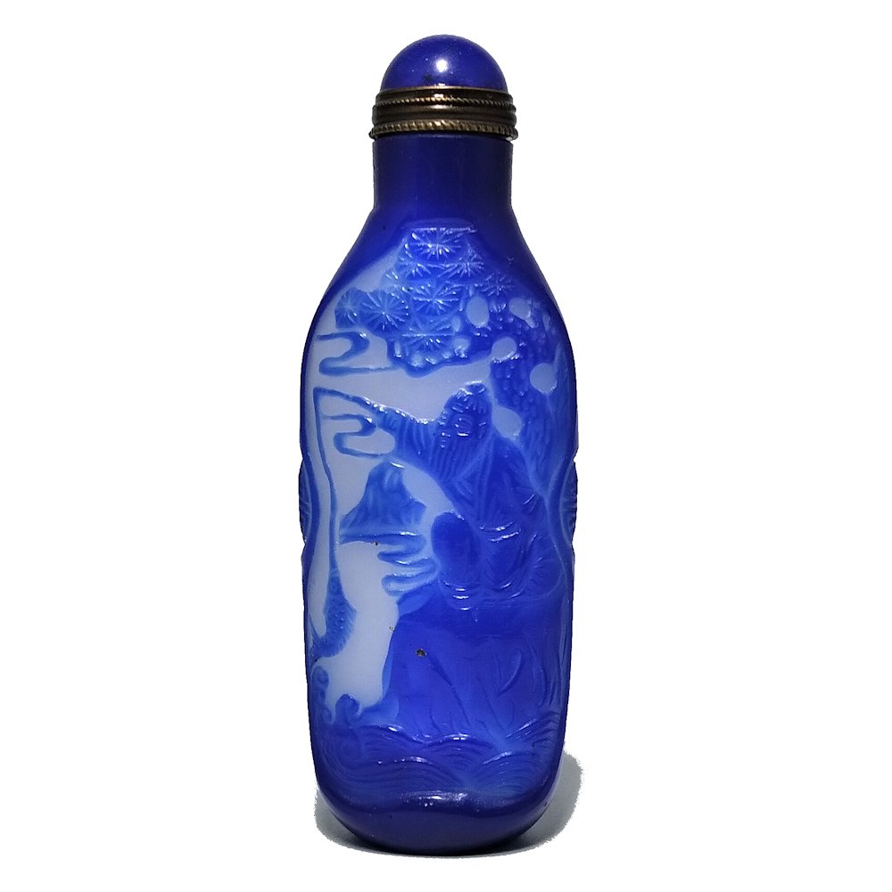 CHINESE PEKING GLASS SNUFF BOTTLE BLUE WHITE FISHERMAN DEER CHILD (1 of 8)