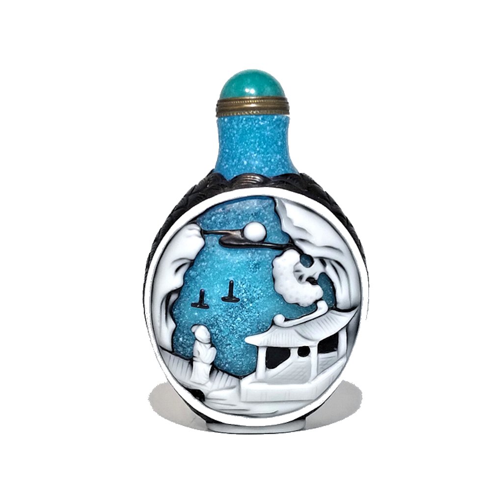 SUPERB CHINESE PEKING GLASS SNUFF BOTTLE MAN ON OX: THE SUPERB CHINESE SNUFF BOTTLE FEATURES TWO FRAMES WITH A STORY. ONE SIDE FEATURES A MAN RIDING AN OX WITH A LANDSCAPE BACKGROUND. THE OTHER SIDE FEATURES A PAGODA, TREES, A MOON, BOATS AND A PERSON 