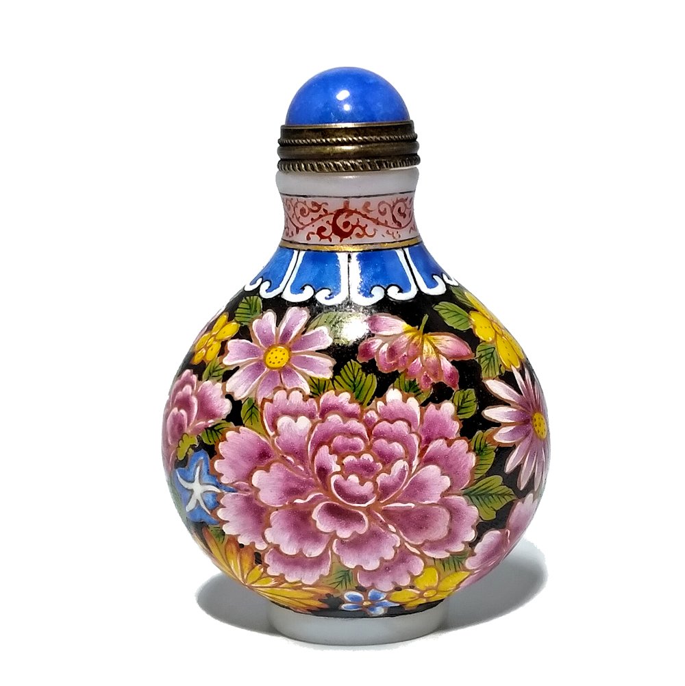 FABULOUS CHINESE ENAMEL SNUFF BOTTLE PEONIES QIANLONG MARK (1 of 6)