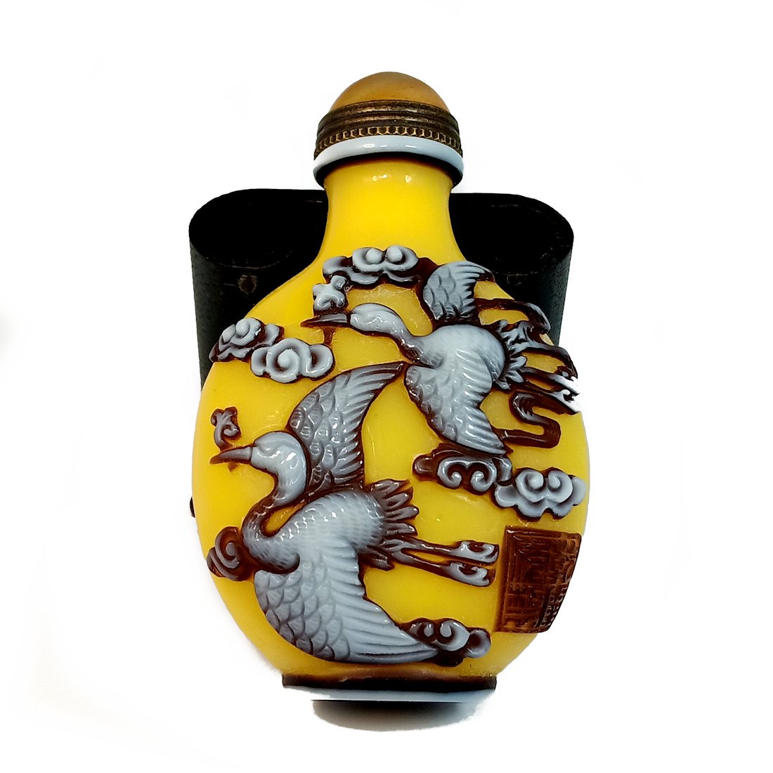 BEAUTIFUL CHINESE CARVED GLASS SNUFF BOTTLE BIRDS PEACHES QIANLONG SEAL (1 of 8)