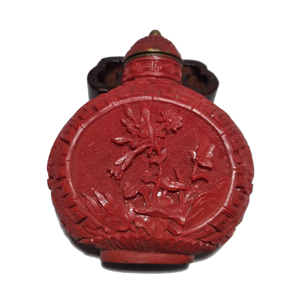 FINE CINNABAR CHINESE SNUFF BOTTLE CARVED LACQUER DATED FLOWERS TREES ROCK (1 of 8)