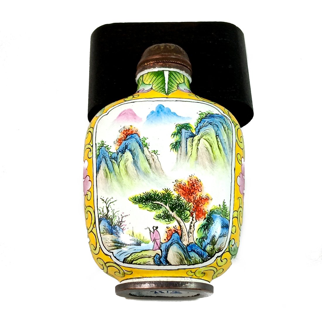 SUPERB CHINESE SNUFF BOTTLE ENAMEL ON COPPER LANDSCAPE QIANLONG MARK: THE SUPERB CHINESE ENAMELED SNUFF BOTTLE IS 2.75 INCHES TALL. IT BEARS A QIANLONG MARK. STANDS ARE FOR DISPLAY ONLY, NOT INCLUDED UNLESS OTHERWISE STATED. PROPERTY OF A FLORIDA COLLECTOR. WECOMBINE/PR