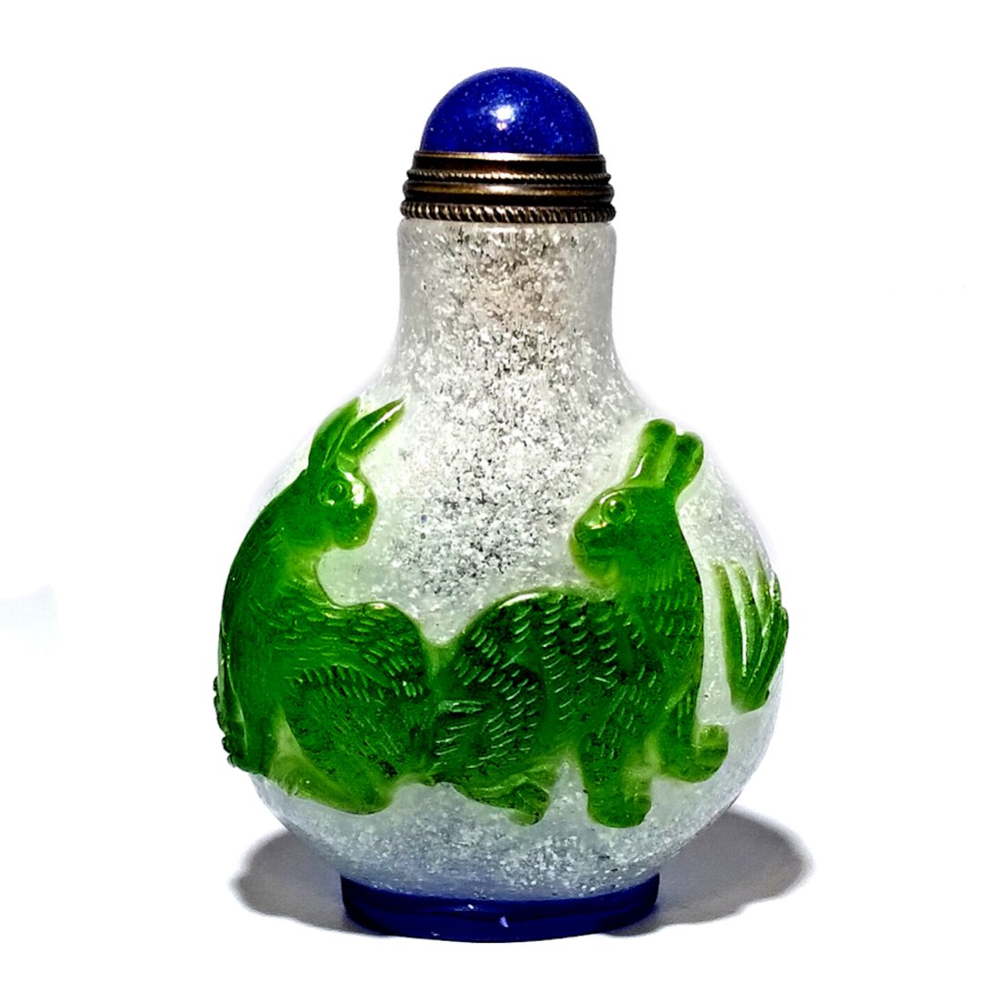 BEAUTIFUL CHINESE PEKING GLASS SNUFF BOTTLE ROOSTER RABITS (1 of 8)