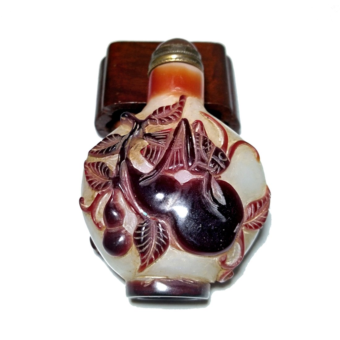 SUPERB CHINESE PEKING GLASS SNUFF BOTTLE GOURD CRICKET BUTTERFLY: THE SUPERB CHINESE SNUFF BOTTLE FEATURES A CRICKET OVER A GOURD, FLOWERS AND A BUTTERFLY, IN BROWN OVER A SNOWSTORM BACKGROUND. THE FOOT IS A WELL CARVED OVAL. IT IS 2.4 INCHES TALL AND THE STOPPER IS