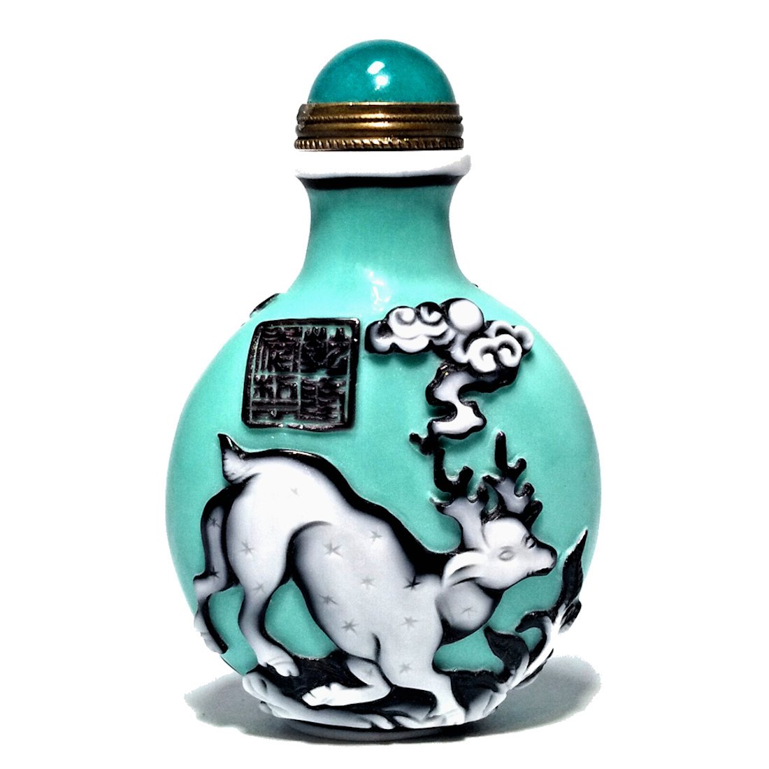 BEAUTIFUL CHINESE SIGNED PEKING GLASS SNUFF BOTTLE DEER PINE QIANLONG SEAL (1 of 6)
