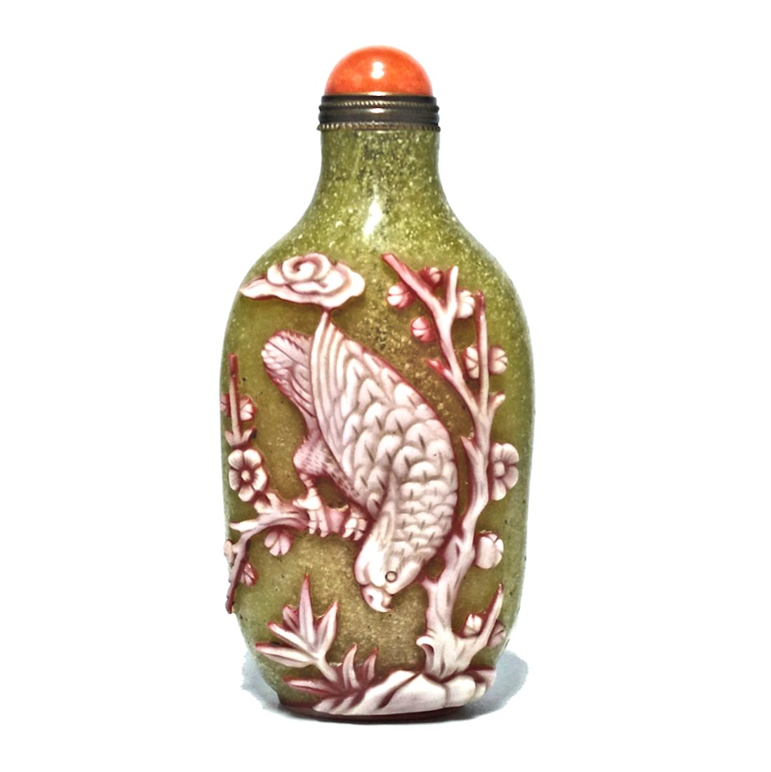 SUPERB CHINESE SNUFF BOTTLE PEKING GLASS BIRDS FLORA: THE SUPERB CHINESE SNUFF BOTTLE IS FEATURING TWO BEAUTIFUL SCENES OF BIRDS AND FLORA. THE BOTTLE IS 3.4 INCHES TALL. STANDS ARE FOR DISPLAY ONLY, NOT INCLUDED UNLESS OTHERWISE STATED. PROPERTY OFAFLOR