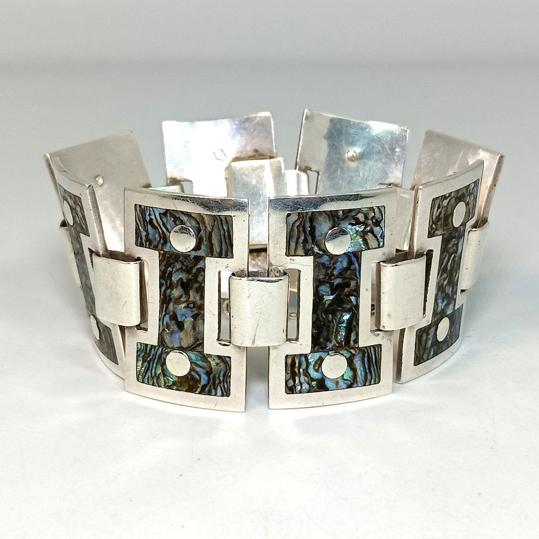 SUPERB VINTAGE MEXICO TAXCO STERLING BRACELET SIGNED EMMA 58 GRAMS 7" (1 of 6)