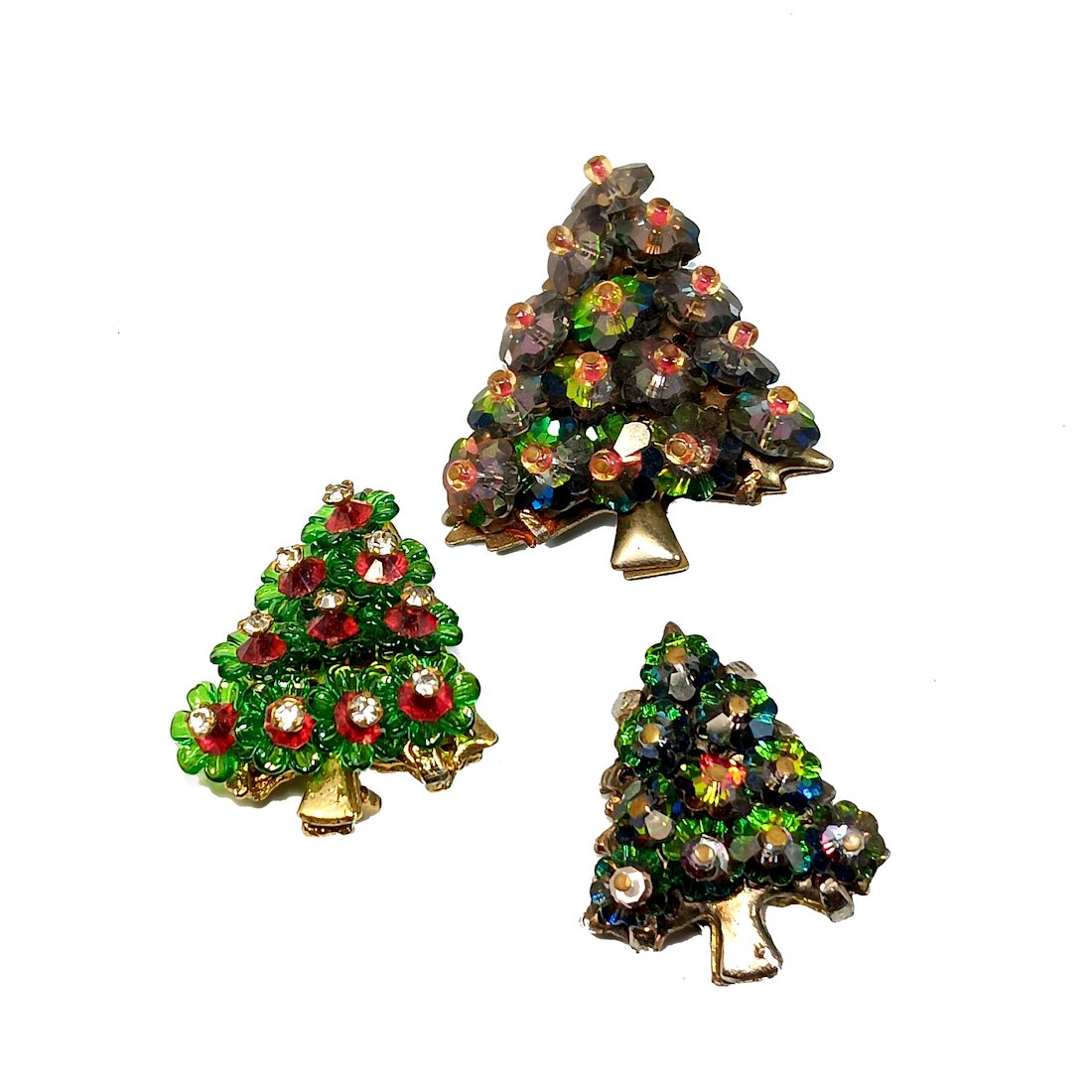 3 VINTAGE MARGARITA RIVOLI CHRISTMAS TREES VENDOME: A SUPERB VINTAGE LOT OF THREE UNSIGNED VENDOME XMAS TREES, 1.9, 1.4, 1.5". PROPERTY OF A FLORIDA COLLECTOR. WE COMBINE/PROVIDE IN-HOUSE SHIPPING.