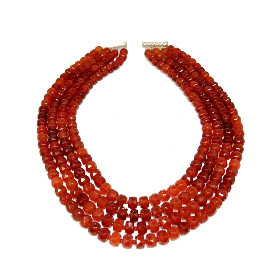 A MASSIVE VINTAGE FACETED CARNELIAN NECKLACE 4 STRANDS 16.5": WHAT A BEAUTIFUL VINTAGE FACETED CARNELIAN NECKLACE! THE SHORTEST STRAND IS 16.5" LONG.THE LONGEST IS 18" LONG. THE BEADS MEASURE 9MM IN GIRTH. WE PROVIDE IN-HOUSE SHIPPING FOR YOUR CONVENIENCE.