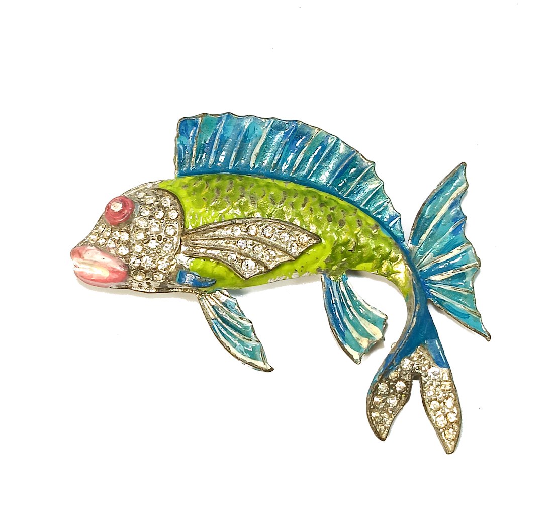 A HUGE FIGURAL 1930S ENAMELED POT METAL FISH BROOCH (1 of 4)