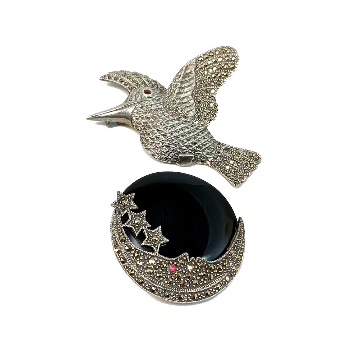 2 BEAUTIFUL VINTAGE STERLING BROOCHES MARCASITES ONYX BIRD MOON (1 of 2)