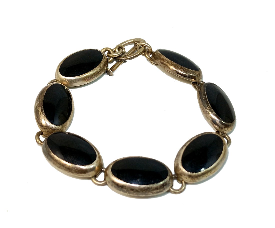 A MEXICO SIGNED VINTAGE STERLING BRACELET ONYX 8" 38 GRAMS (1 of 4)
