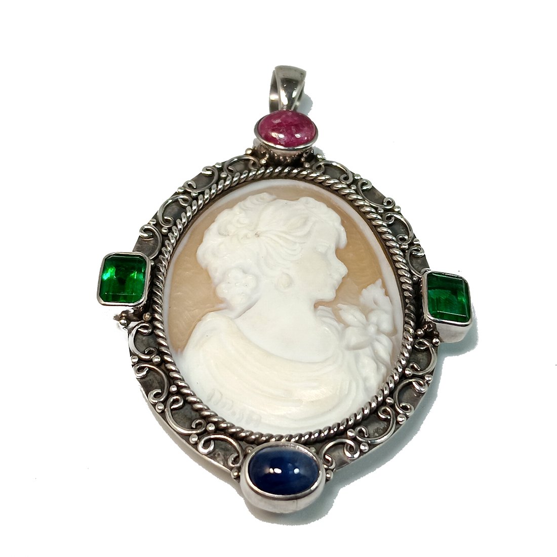 A VERY FINE BROOCH SHELL CAMEO SET WITH RUBY, EMERALDS AND SAPPHIRE STERLING (1 of 5)